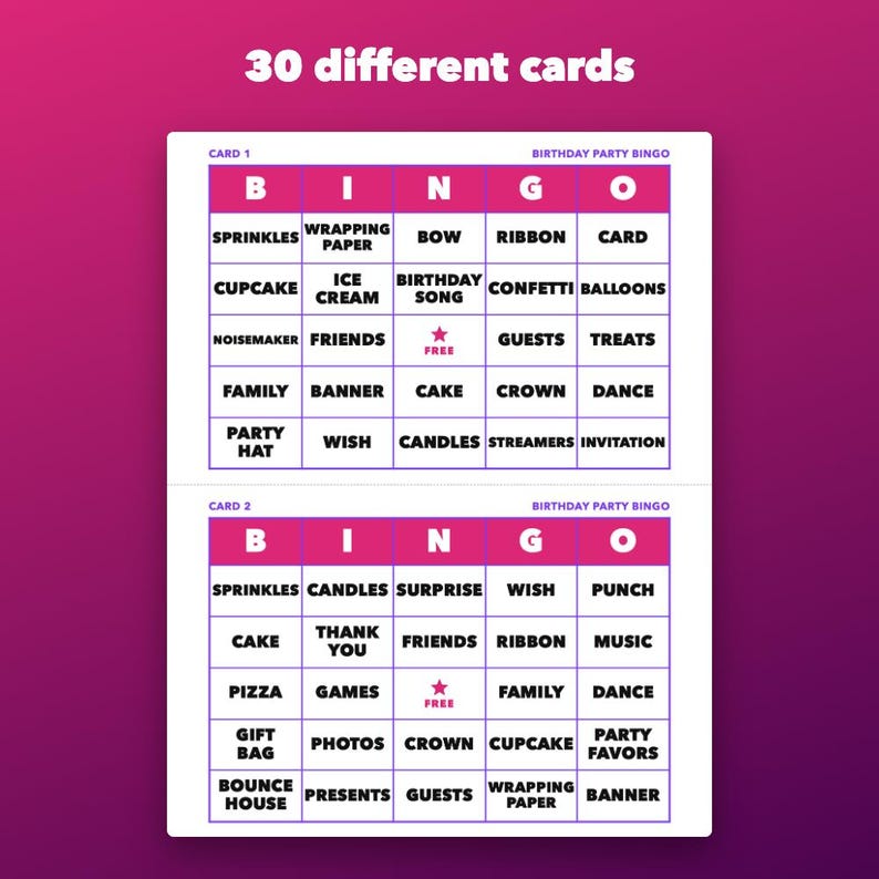 Bingo imprimible para fiestas de cumpleaños para niños y adultos, 30 tarjetas diferentes imagen 2