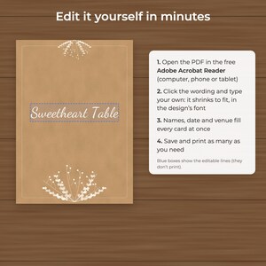 Rustikale Tischkarten und Platzkarten aus Kraftpapier für Hochzeiten, bearbeitbare PDF-Vorlage Bild 3