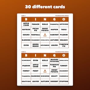 Thanksgiving Bingo Printable Family Game, 30 Different Cards immagine 2