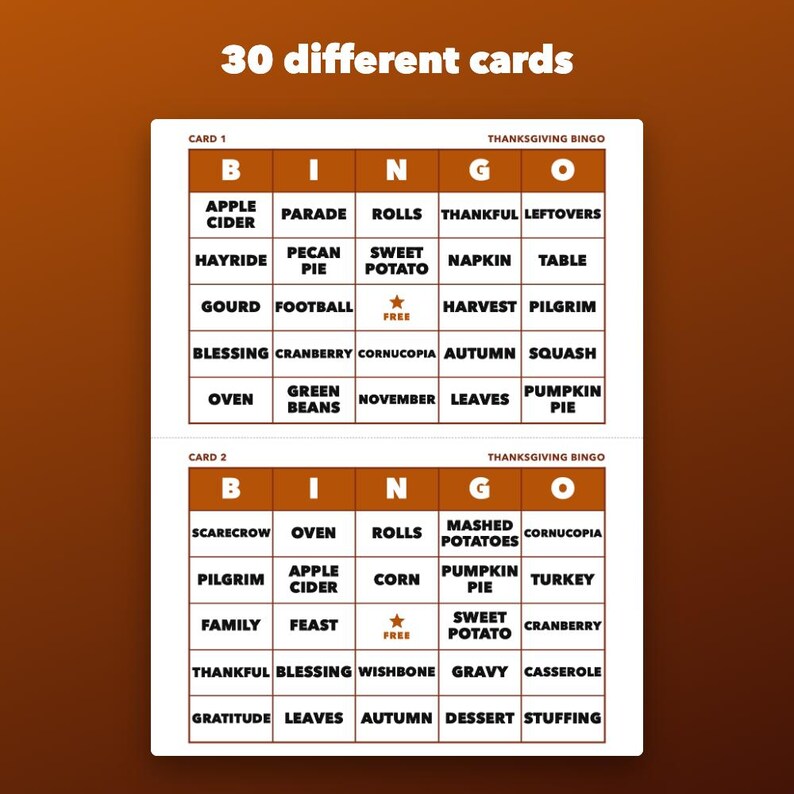 Thanksgiving Bingo Printable Family Game, 30 Different Cards immagine 2