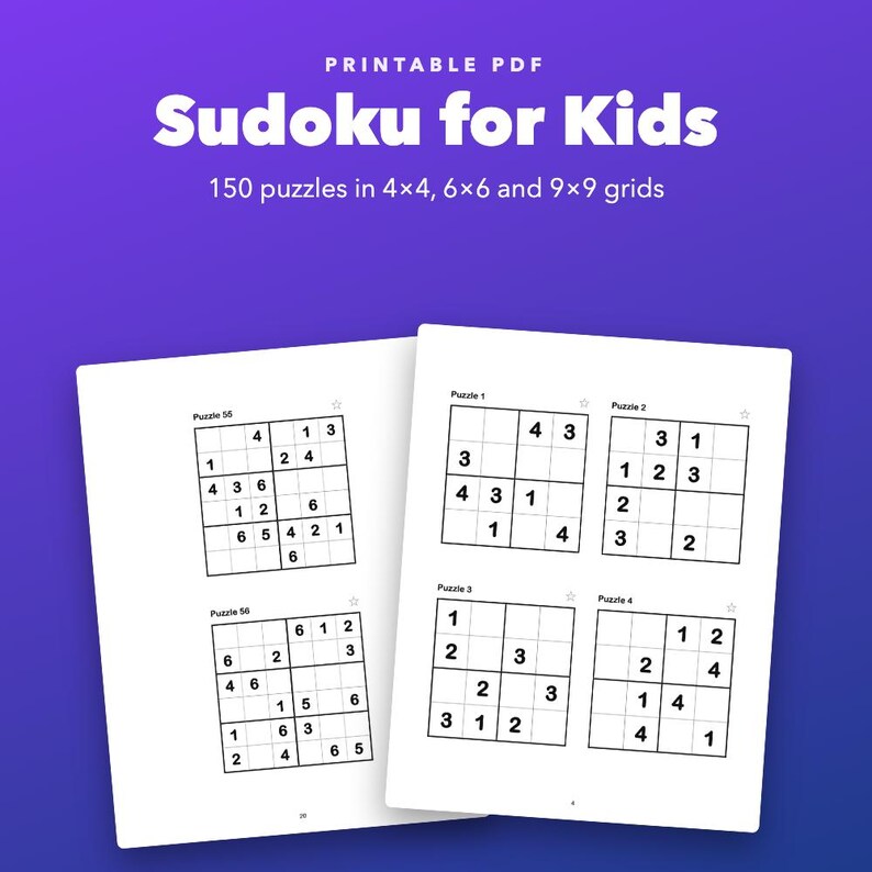 Sudoku for Kids Ages 6-10, 150 Printable Puzzles in 4x4, 6x6 and 9x9 image 1