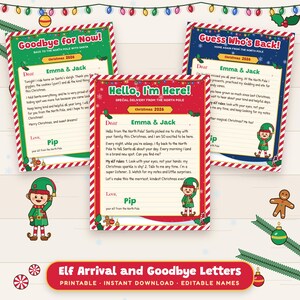 Cartas imprimibles de llegada y despedida de elfos navideños con nombres editables y bienvenida. imagen 1