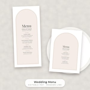 Moderne, minimalistische Hochzeitsmenü-Vorlage, bearbeitbares PDF in den Formaten 4x9 und 5x7 Bild 1