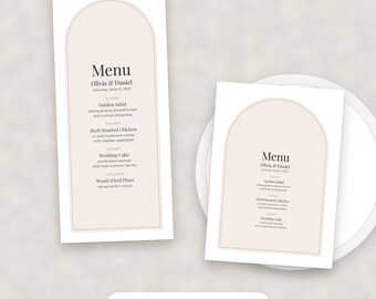Modern minimalistisch trouwmenu-sjabloon, bewerkbaar PDF-bestand in de formaten 4x9 en 5x7 inch.