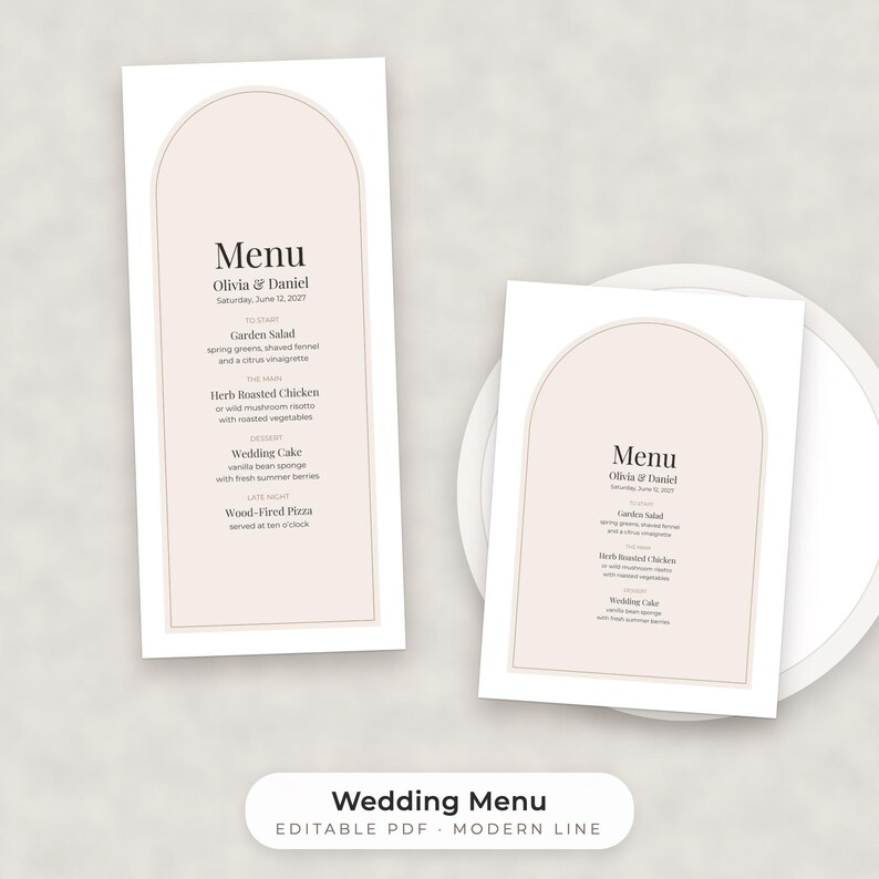 Moderne, minimalistische Hochzeitsmenü-Vorlage, bearbeitbares PDF in den Formaten 4x9 und 5x7 Bild 1