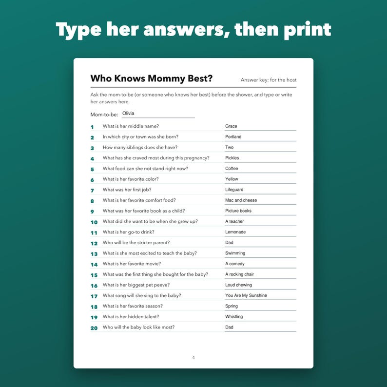 Who Knows Mommy Best Baby Shower Game Printable, Fillable Mom to Be Quiz image 3