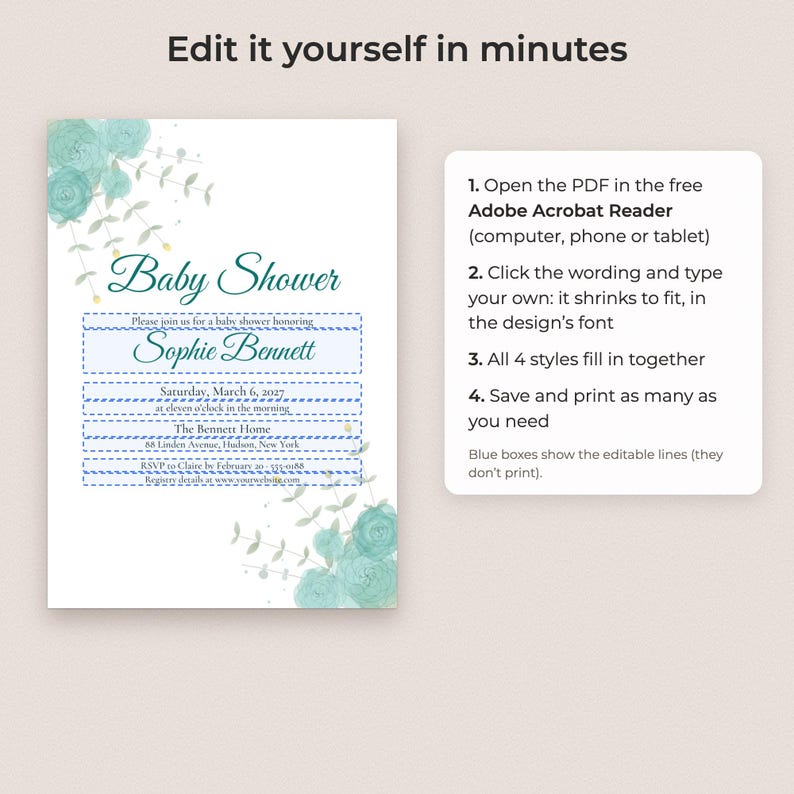 Baby Shower Invitation Template, Editable Gender Neutral PDF in 4 Styles image 3