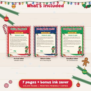 Cartas imprimibles de llegada y despedida de elfos navideños con nombres editables y bienvenida. imagen 2
