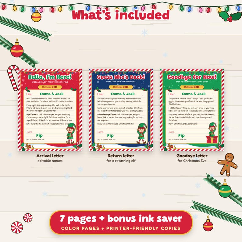 Cartas imprimibles de llegada y despedida de elfos navideños con nombres editables y bienvenida. imagen 2