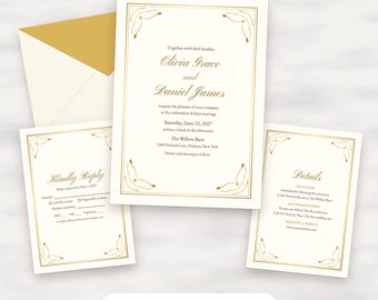 Klassieke gouden trouwuitnodigingsset, inclusief bewerkbare antwoord- en detailkaarten.