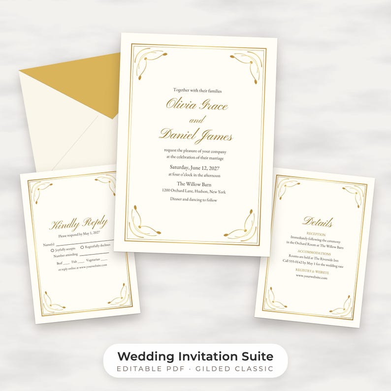 Classic Gold Wedding Invitation Suite Template, Editable Reply and Details Cards image 1