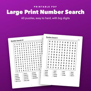 Large Print Number Search Printable for Seniors, 60 Puzzles Easy to Hard immagine 1