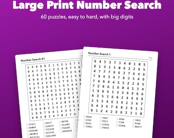 Large Print Number Search Printable for Seniors, 60 Puzzles Easy to Hard