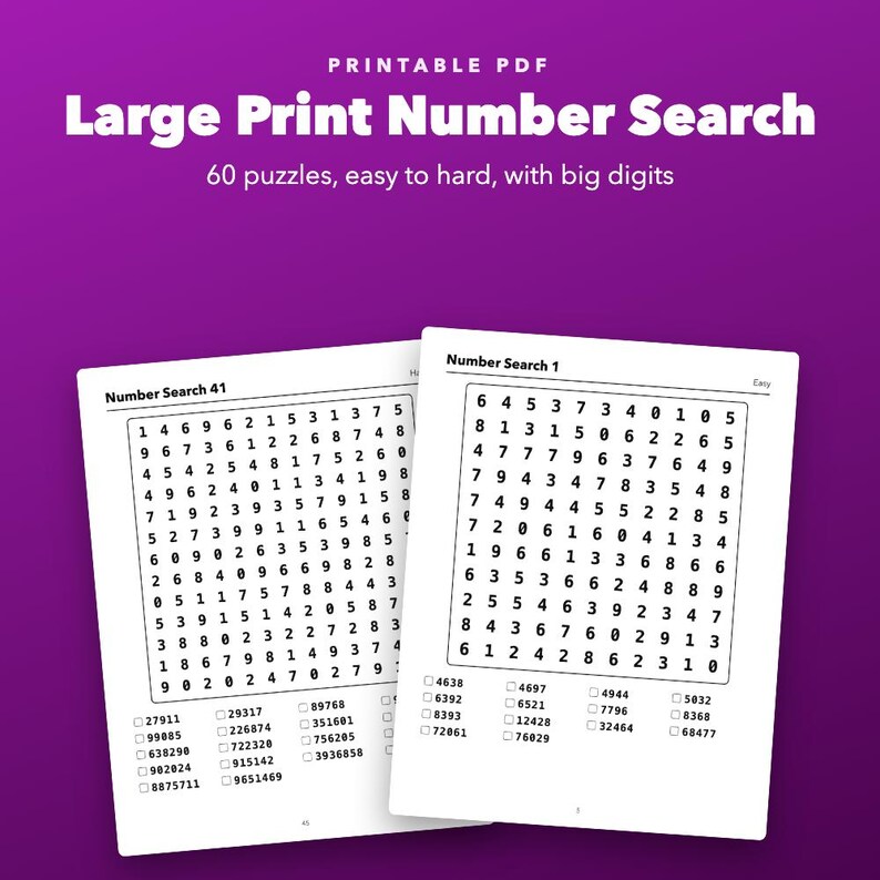 Large Print Number Search Printable for Seniors, 60 Puzzles Easy to Hard immagine 1