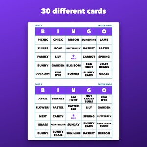 Bingo de Pascua imprimible para niños y fiestas escolares, 30 tarjetas imagen 2
