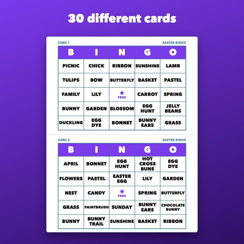 Bingo de Pascua imprimible para niños y fiestas escolares, 30 tarjetas imagen 2