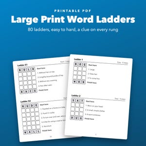 Large Print Word Ladders Printable for Seniors, 80 Puzzles with Clues image 1