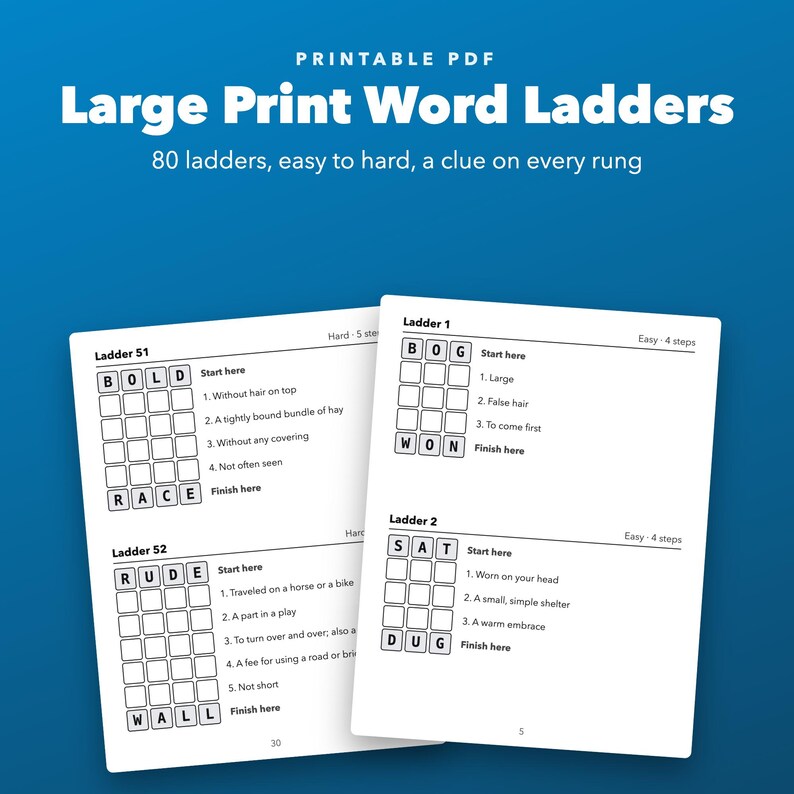 Large Print Word Ladders Printable for Seniors, 80 Puzzles with Clues image 1