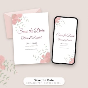 Sjabloon voor een Save the Date-kaart met aquarelbloemen, bewerkbare PDF-kaart en telefoonafbeelding. afbeelding 1