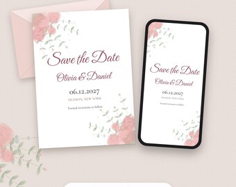 Sjabloon voor een Save the Date-kaart met aquarelbloemen, bewerkbare PDF-kaart en telefoonafbeelding.