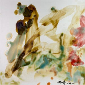 May include: A square ceramic plate with a white base featuring abstract, fluid brushstrokes in shades of brown, teal, green, and red. The surface has a glossy finish with blended, watercolor-like pigments. Black ink calligraphy and a date are visible in the bottom right corner.