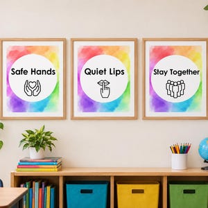 5 tarjetas con expectativas de comportamiento en el aula / Pistas visuales en acuarela (descarga digital)