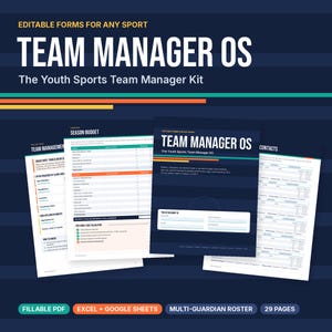 Puede incluir: Un kit de gestión de equipos deportivos juveniles Team Manager OS con formularios editables, presupuesto de temporada y hojas de contacto. Los documentos azul oscuro incluyen texto blanco, acentos coloridos y etiquetas para PDF, Excel y Sheets.