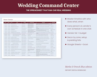 Wedding Day Timeline Spreadsheet, Wedding Planner Google Sheets, Vendor Schedule, Budget Tracker, Merlot