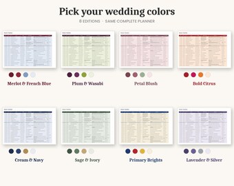 Wedding Planner Spreadsheet, All 8 Colors, Day of Timeline, Vendor Schedule, Budget Tracker, Google Sheets