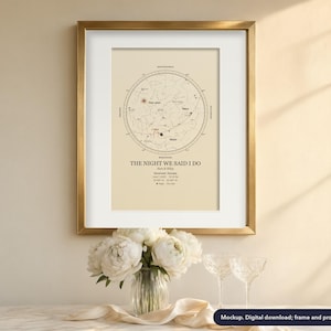 Wedding star map in a frame on a bedroom wall, the night sky over your wedding date and place (example design; digital download, frame and props not included)