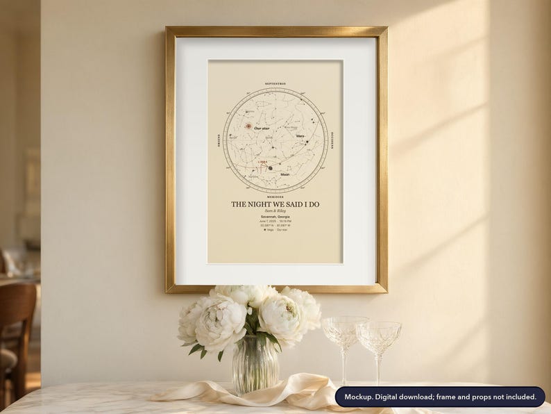 Wedding star map in a frame on a bedroom wall, the night sky over your wedding date and place (example design; digital download, frame and props not included)