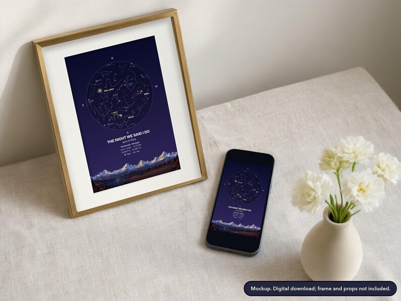 Star map print in a framed room scene, example design (mockup)
