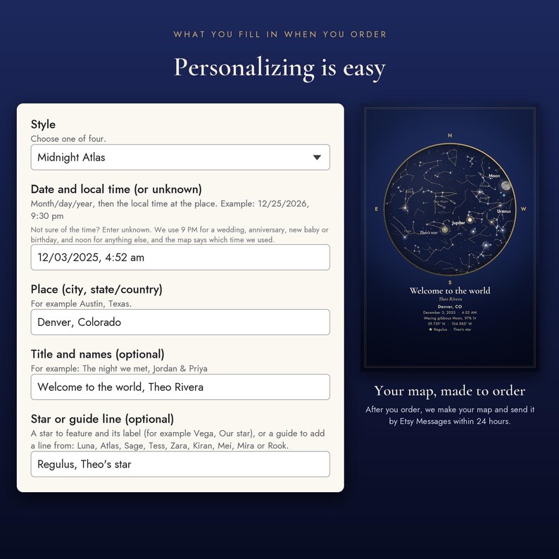 The five personalization boxes: Style, Date and local time, Place, Title and names, Star or guide line, shown with an example (made to order)