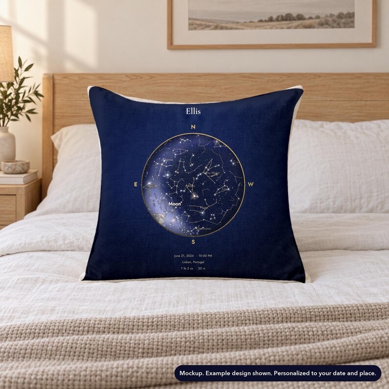 Mockup of a personalized star map pillow cover on a bed. Example design shown. Bed and styling are props and are not included.