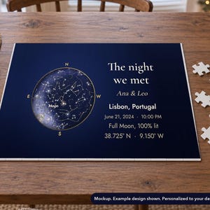 Landscape view of the star map jigsaw puzzle mockup in a winter setting. Props not included.