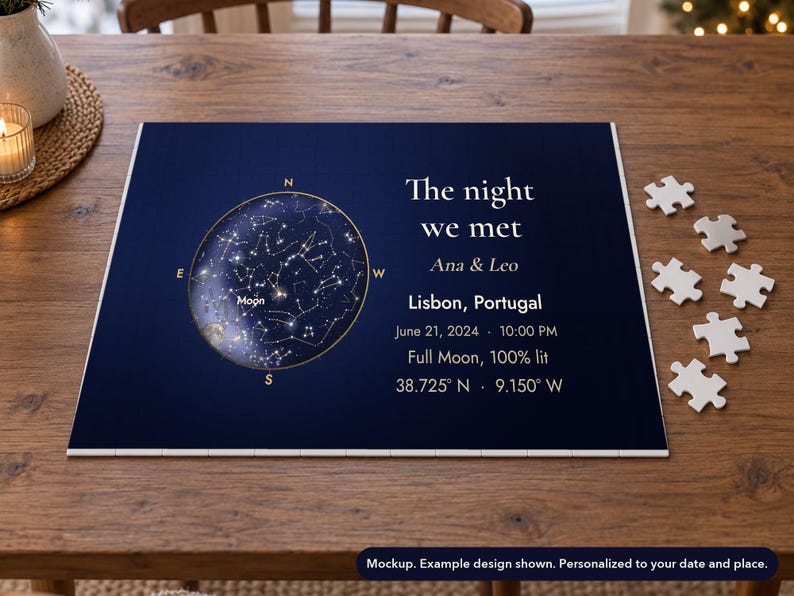 Landscape view of the star map jigsaw puzzle mockup in a winter setting. Props not included.
