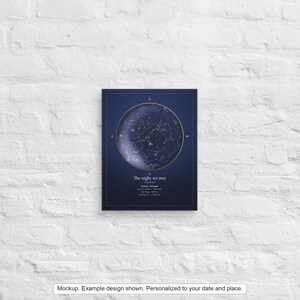 Mockup of a personalized star map canvas on a white brick wall. Example design shown. Props not included.