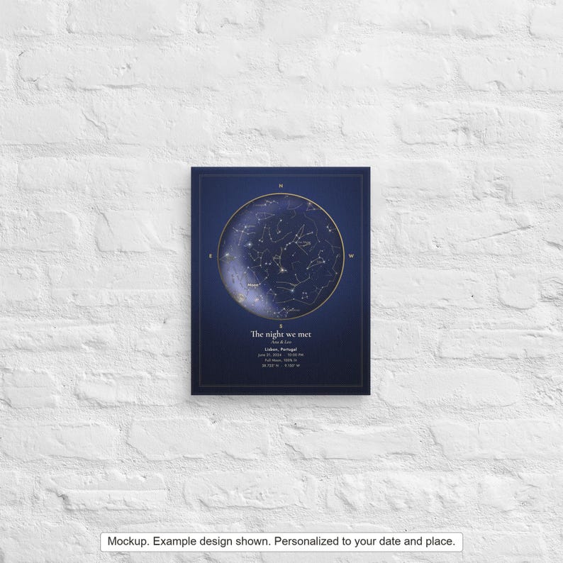 Mockup of a personalized star map canvas on a white brick wall. Example design shown. Props not included.