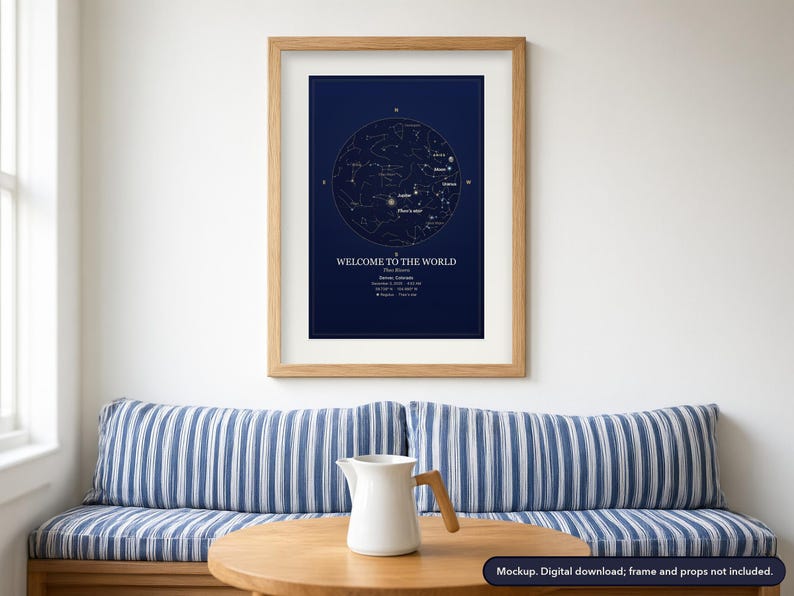Star map print in a framed scene, example design (mockup)