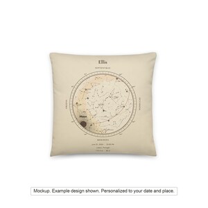 Printful mockup of a 14x14 star map pillow cover, front view. Example design shown; your cover uses your date and place. The pillow insert is not included.