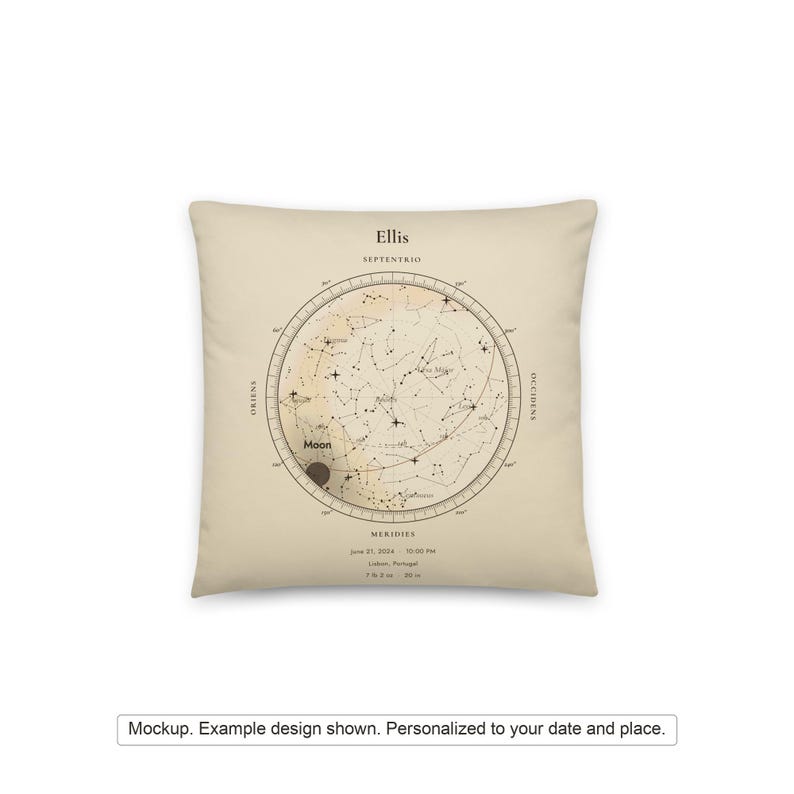 Printful mockup of a 14x14 star map pillow cover, front view. Example design shown; your cover uses your date and place. The pillow insert is not included.