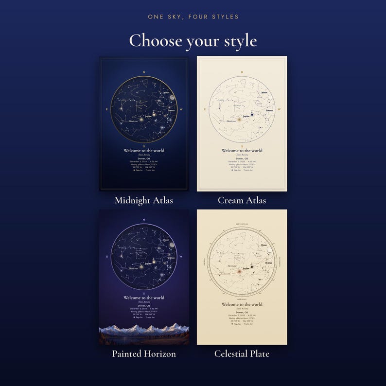 Choose your style: Midnight Atlas, Cream Atlas, Painted Horizon and Celestial Plate, one sky shown four ways (example designs)