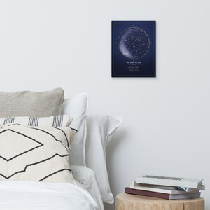 Mockup of a personalized star map canvas on a bedroom wall. Props are not included.