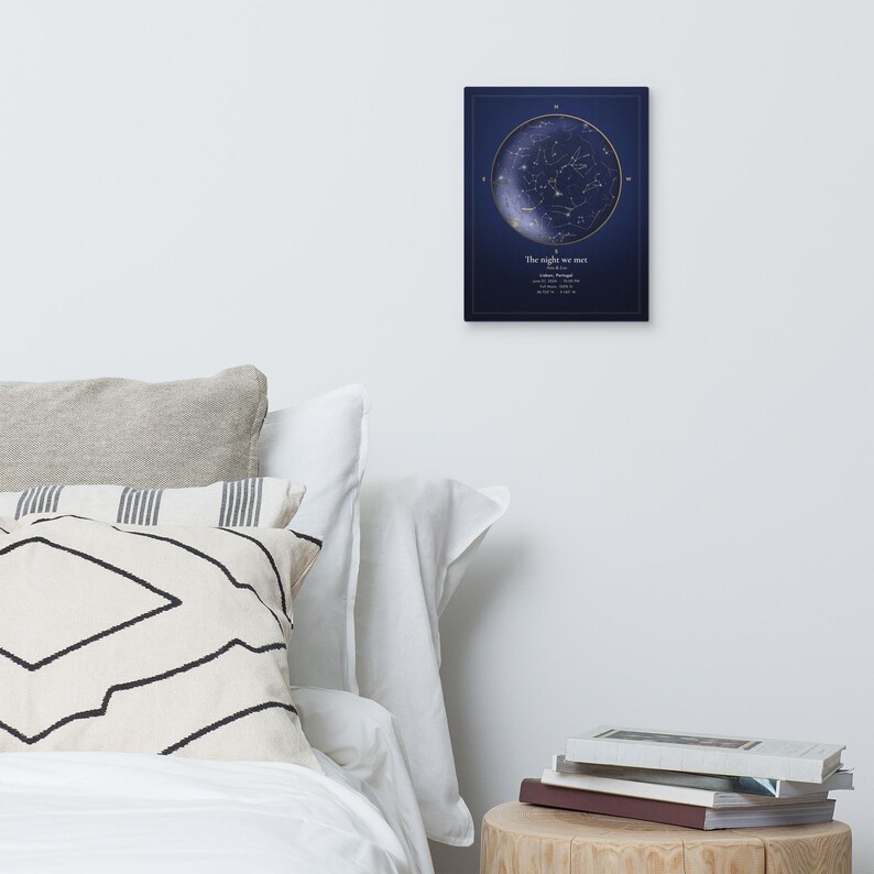 Mockup of a personalized star map canvas on a bedroom wall. Props are not included.