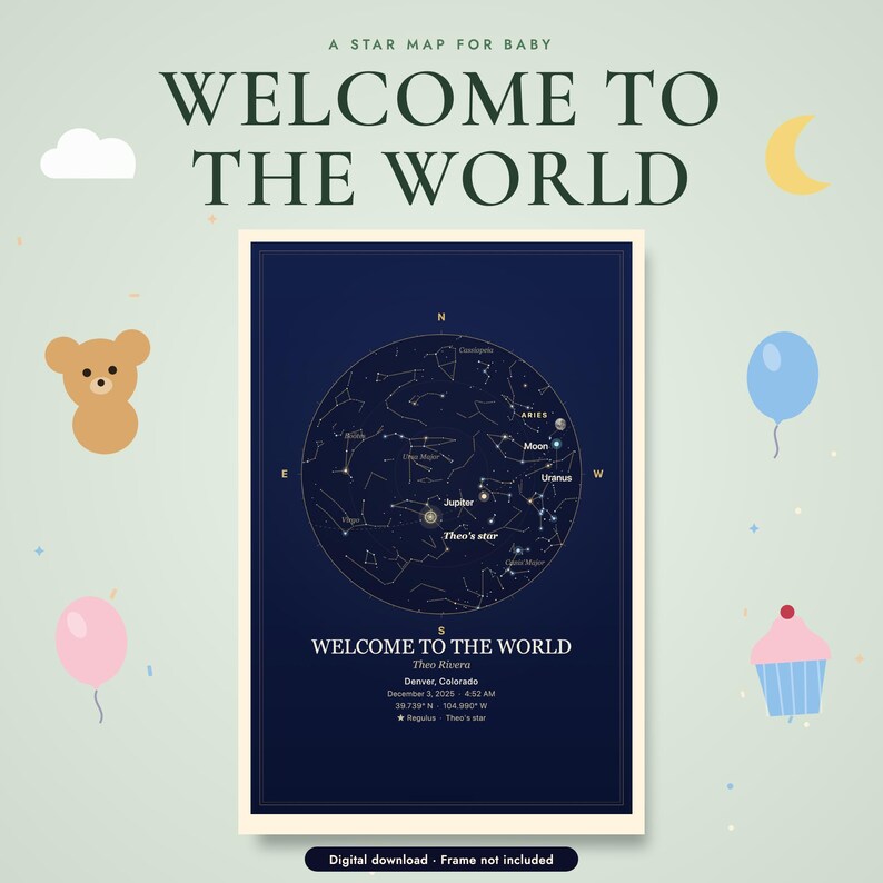 Star map poster, example design with names, date and place (digital download)