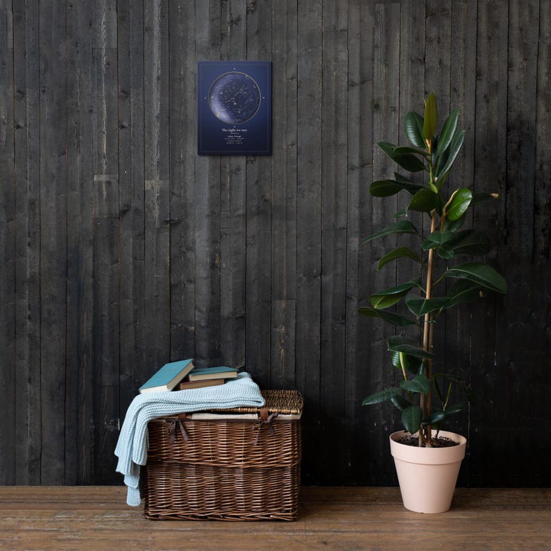 Mockup of a personalized star map canvas on a dark wood wall. Props are not included.