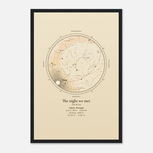 Close view of the framed 12x18 star map print in a black wood frame. Mockup, example details shown.