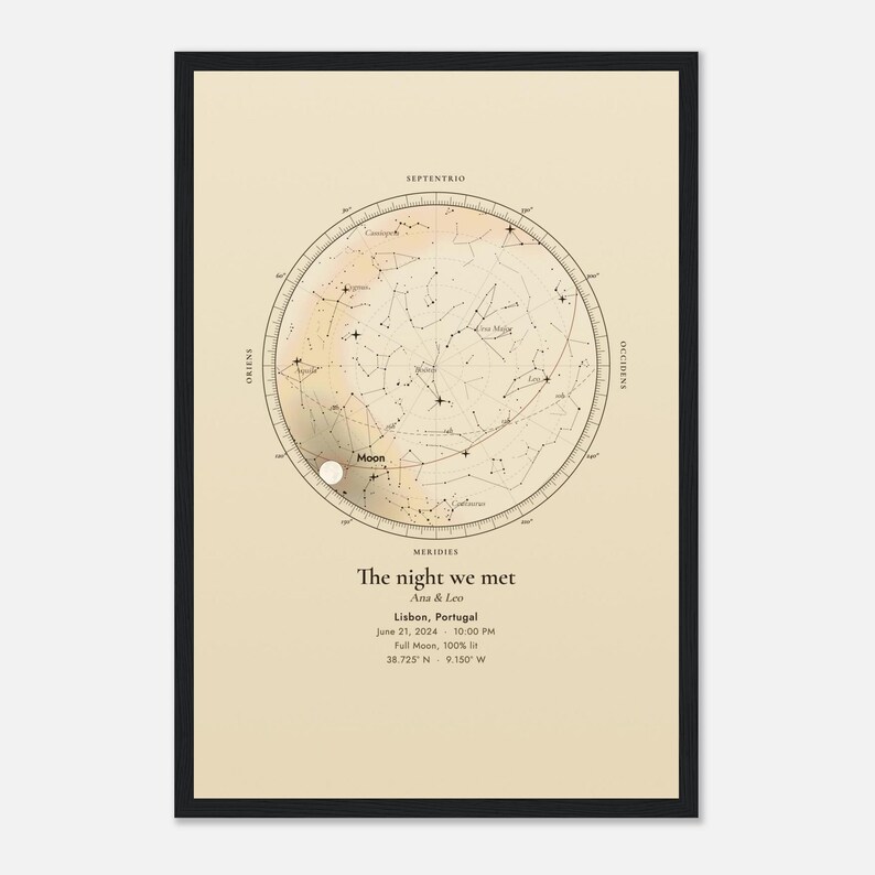 Close view of the framed 12x18 star map print in a black wood frame. Mockup, example details shown.