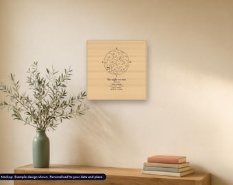 Personalized Star Map Wood Print, Night Sky by Date and Place, Anniversary or Wedding Gift, 12x12 Birch Wood Wall Art
