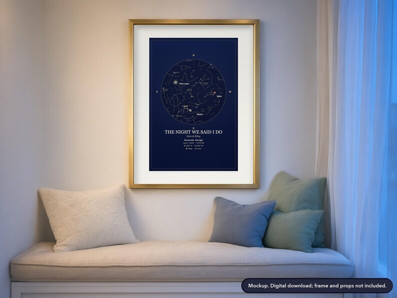 Star map print in a framed scene, example design (mockup)